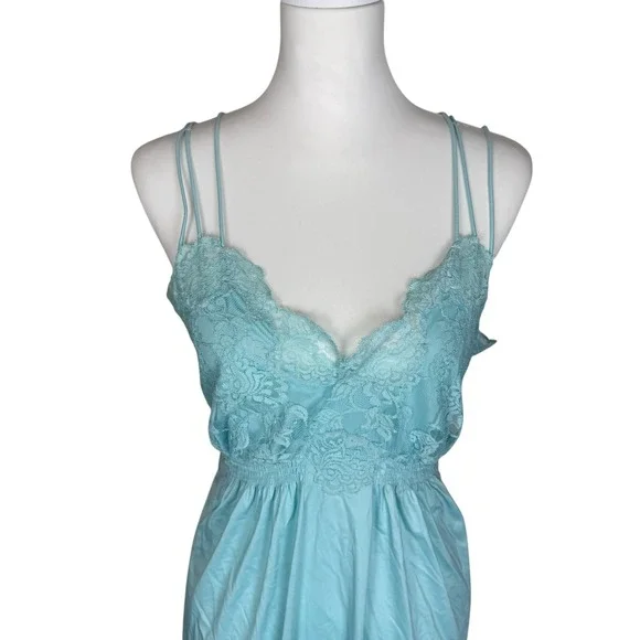 Vintage Lorraine Light Blue Lace Trim Nylon Nightgown Multi Strap Midi Size 38 - Picture 2 of 10